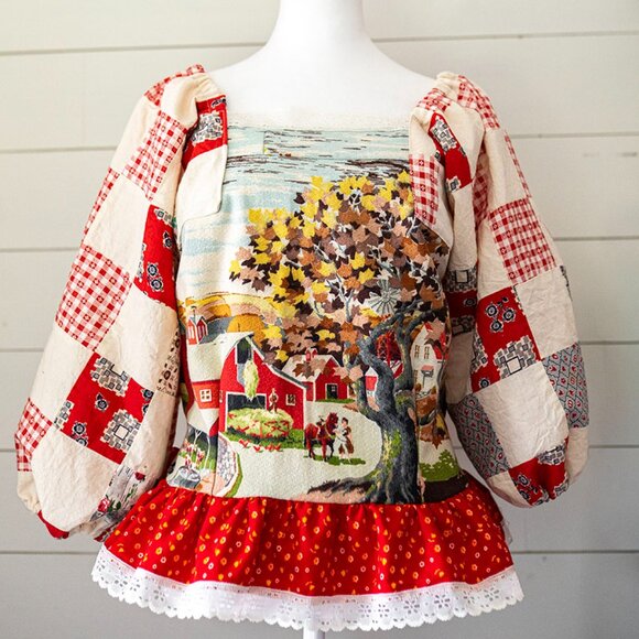 Handmade The Old Homestead Blouse Top One Sz Fits S M L Made of Vintage Fabrics - Picture 1 of 7